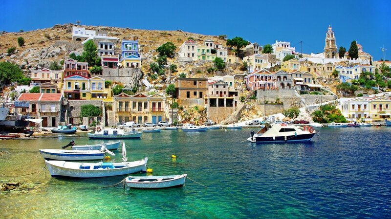 Colorful Village on Hillside — Blue