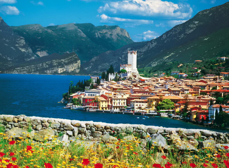 Colorful Village on Lake — Blue