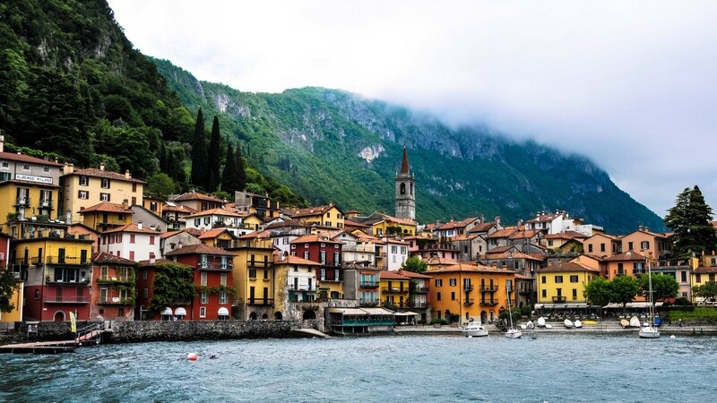 Colorful Village on Lake — Yellow, Serene, Morning
