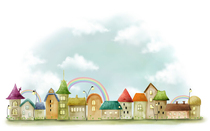 colorful village with rainbow