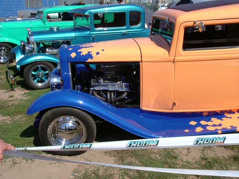 Colorful vintage cars on display