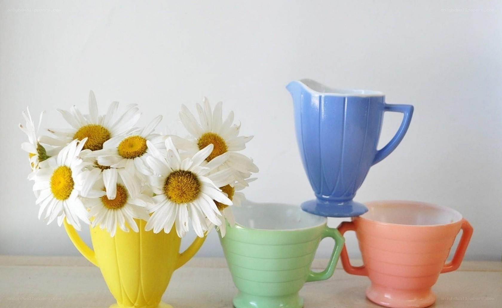 Colorful vintage cups with daisies
