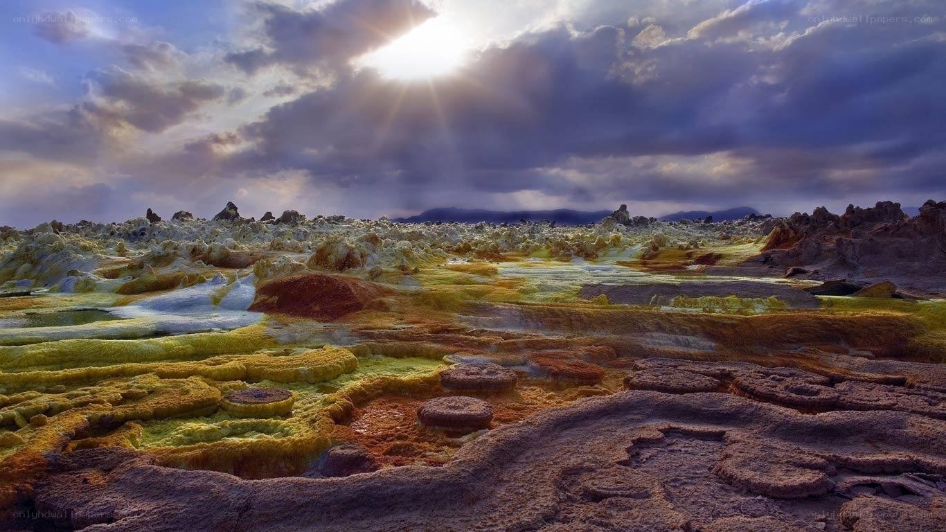 Colorful volcanic landscape at sunset