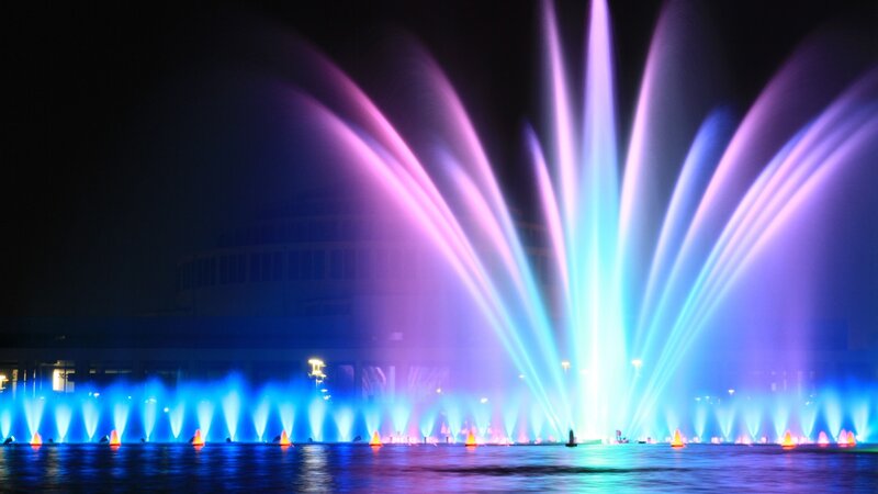 Colorful Water Fountain — Blue, Dramatic, Night