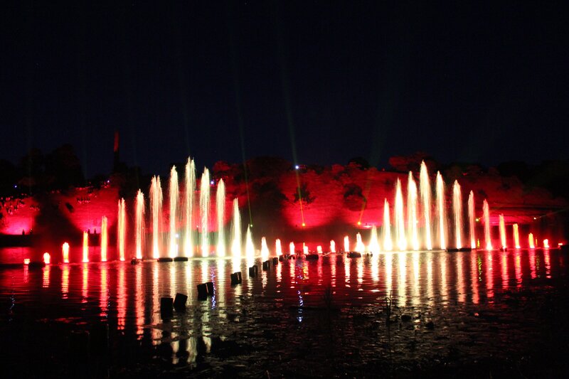 Colorful Water Fountains — Red, Dramatic