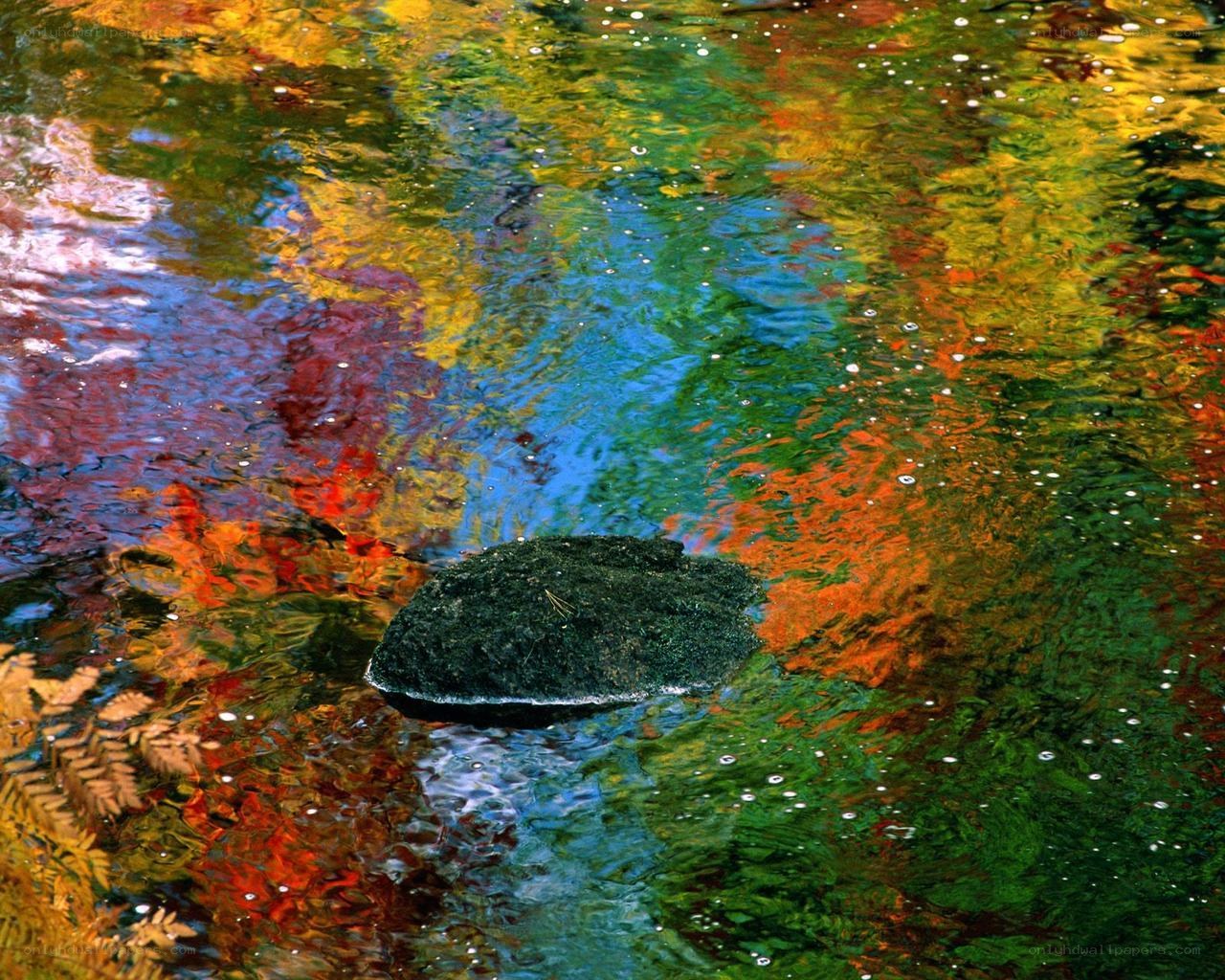 Colorful water reflections with rock