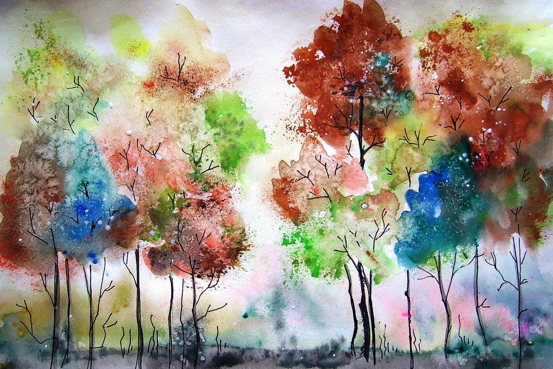 Colorful watercolor trees