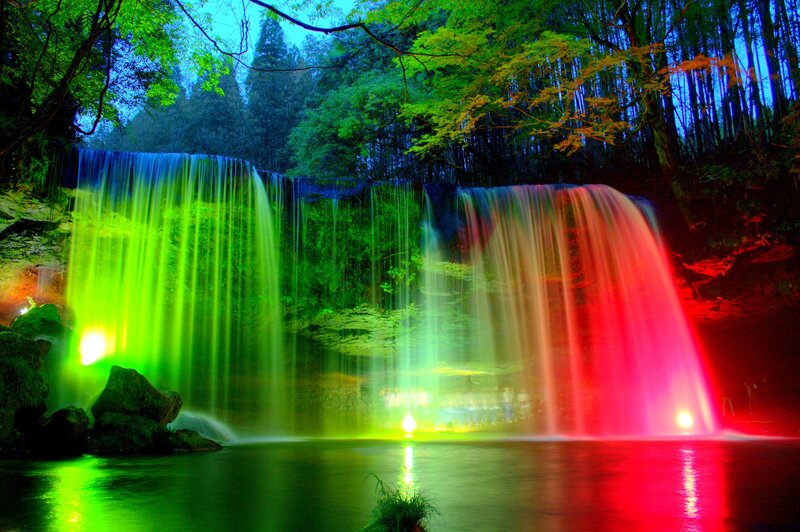 Colorful Waterfall at Night — Green