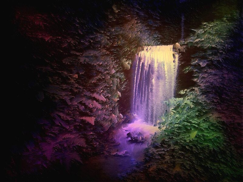 Colorful waterfall in a cave