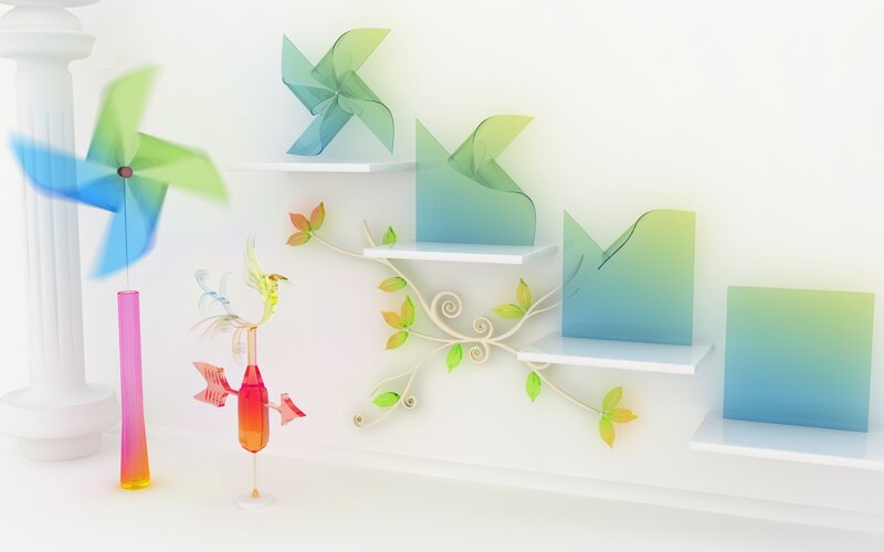 Colorful windmills and shelves