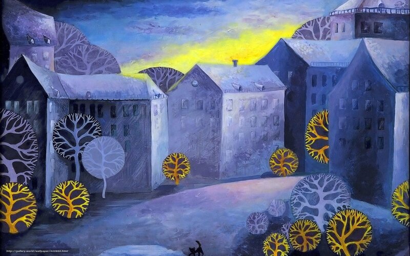 Colorful winter village scene