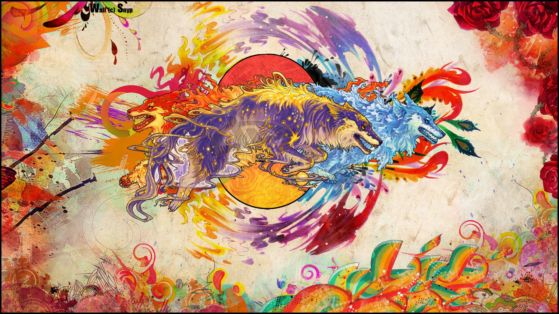 Colorful wolf art with sun