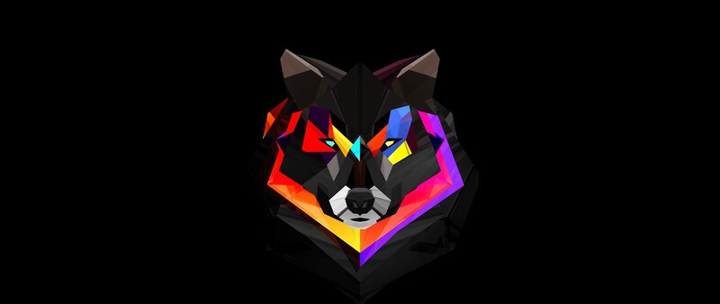 Colorful Wolf Head — Black, Dramatic, Digital Art, Polygonal, Geometric