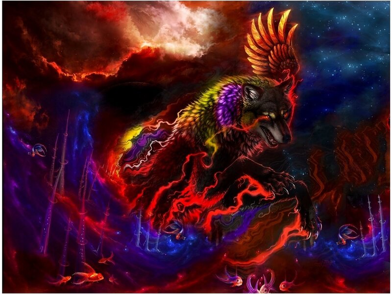 Colorful Wolf with Wings — Red