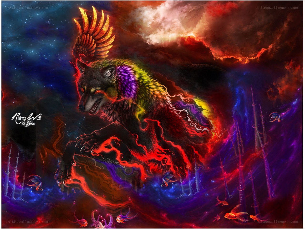 Colorful wolf with wings