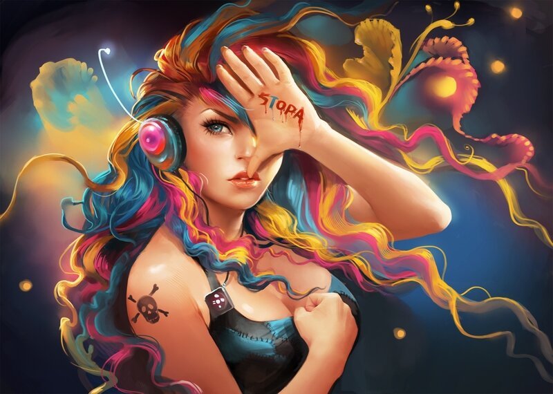 Colorful woman with headphones