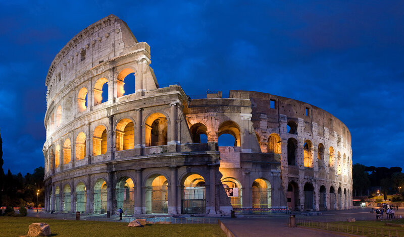 Colosseum at Dusk — Blue, Dramatic, Night, Photograph, Arches, Stone Structure, Grass
