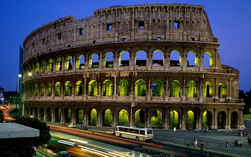 Colosseum at Dusk — Blue, Dramatic, Night, Photograph, Bus