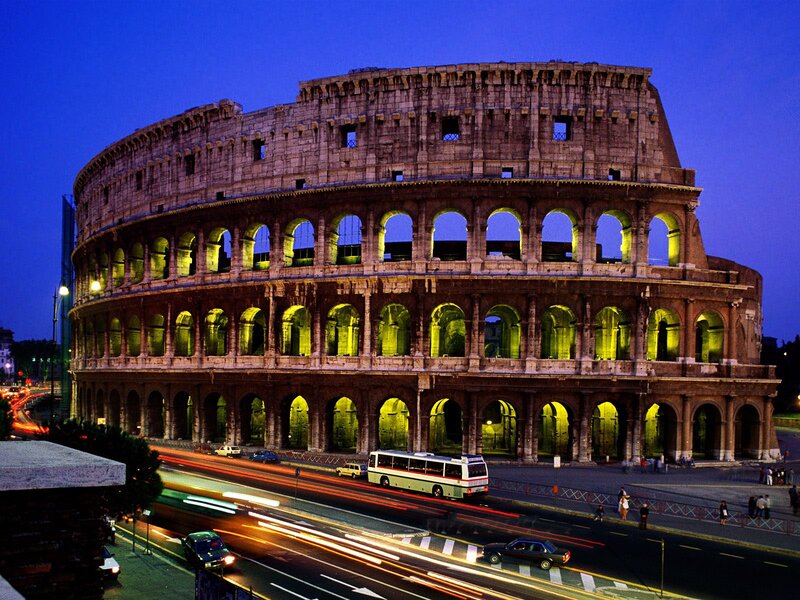 Colosseum at Dusk — Blue, Dramatic, Night, Photograph, Traffic