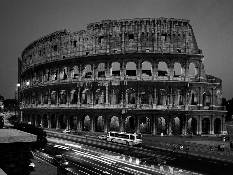 Colosseum at Night — Black, Dramatic, Photograph, Bus