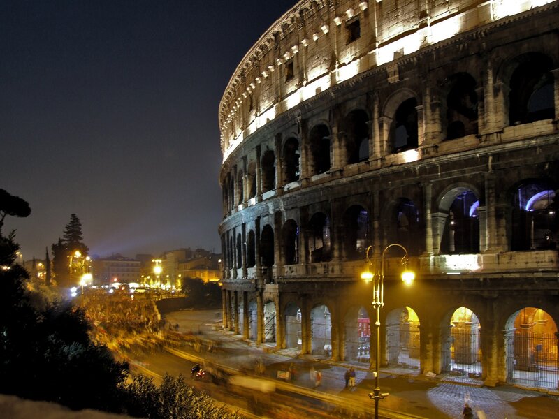 Colosseum at Night — Black, Dramatic, Photograph, Streetlights, Buildings