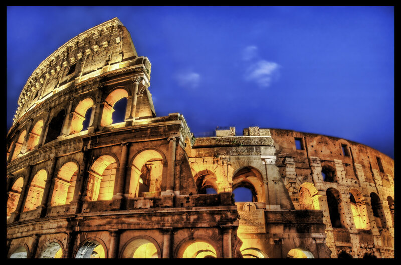 Colosseum at Night — Blue, Dramatic, Photograph, Arches