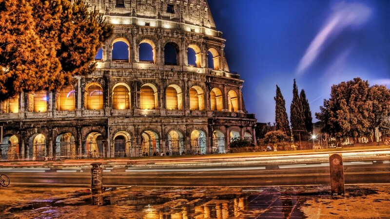 Colosseum at Night — Blue, Dramatic, Photograph, Tree, Road, Puddle
