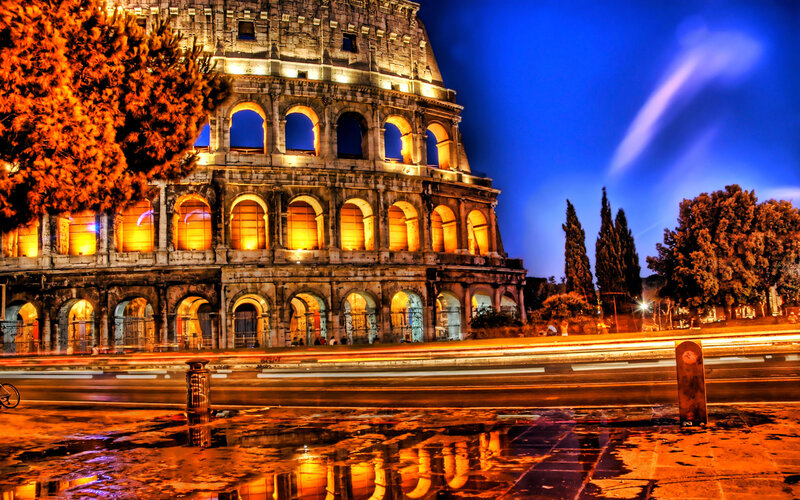 Colosseum at Night — Blue, Dramatic, Photograph, Tree