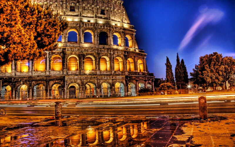Colosseum at Night — Blue, Dramatic, Photograph, Trees