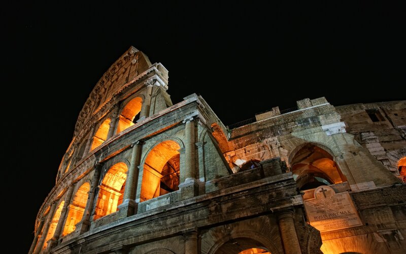 Colosseum at Night — Orange, Dramatic, Photograph, Arches, Stone, Night Sky, Black