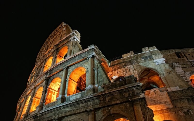 Colosseum at Night — Orange, Dramatic, Photograph, Arches, Stone