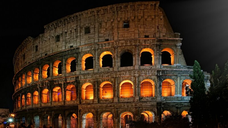 Colosseum at Night — Orange, Dramatic, Photograph, Arches