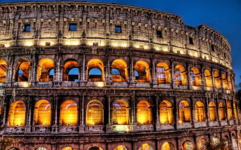 Colosseum at Night — Orange, Dramatic, Photograph, Stone Arches