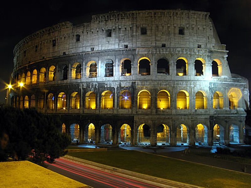 Colosseum at Night — Yellow, Dramatic, Photograph, Arches, Lights