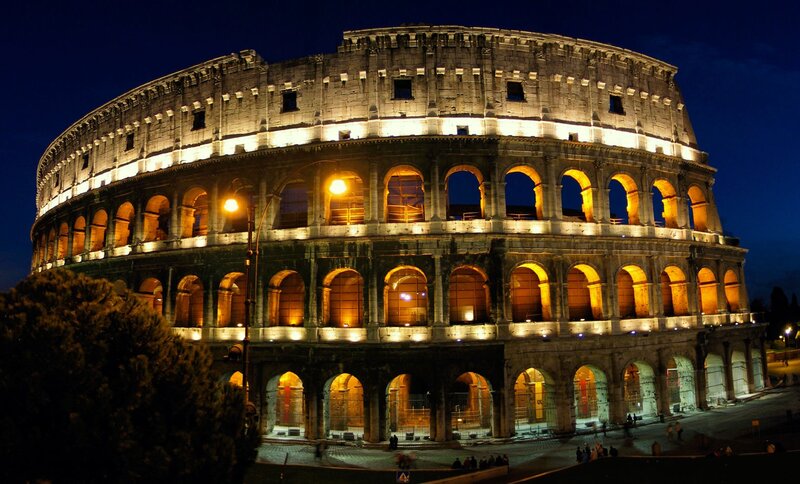 Colosseum at Night — Yellow, Dramatic, Photograph, Arches