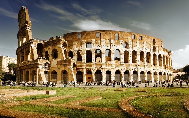 Colosseum in Rome — Brown, Dramatic, Afternoon, Photograph, Tourists, Ancient Ruins, Sky, Green