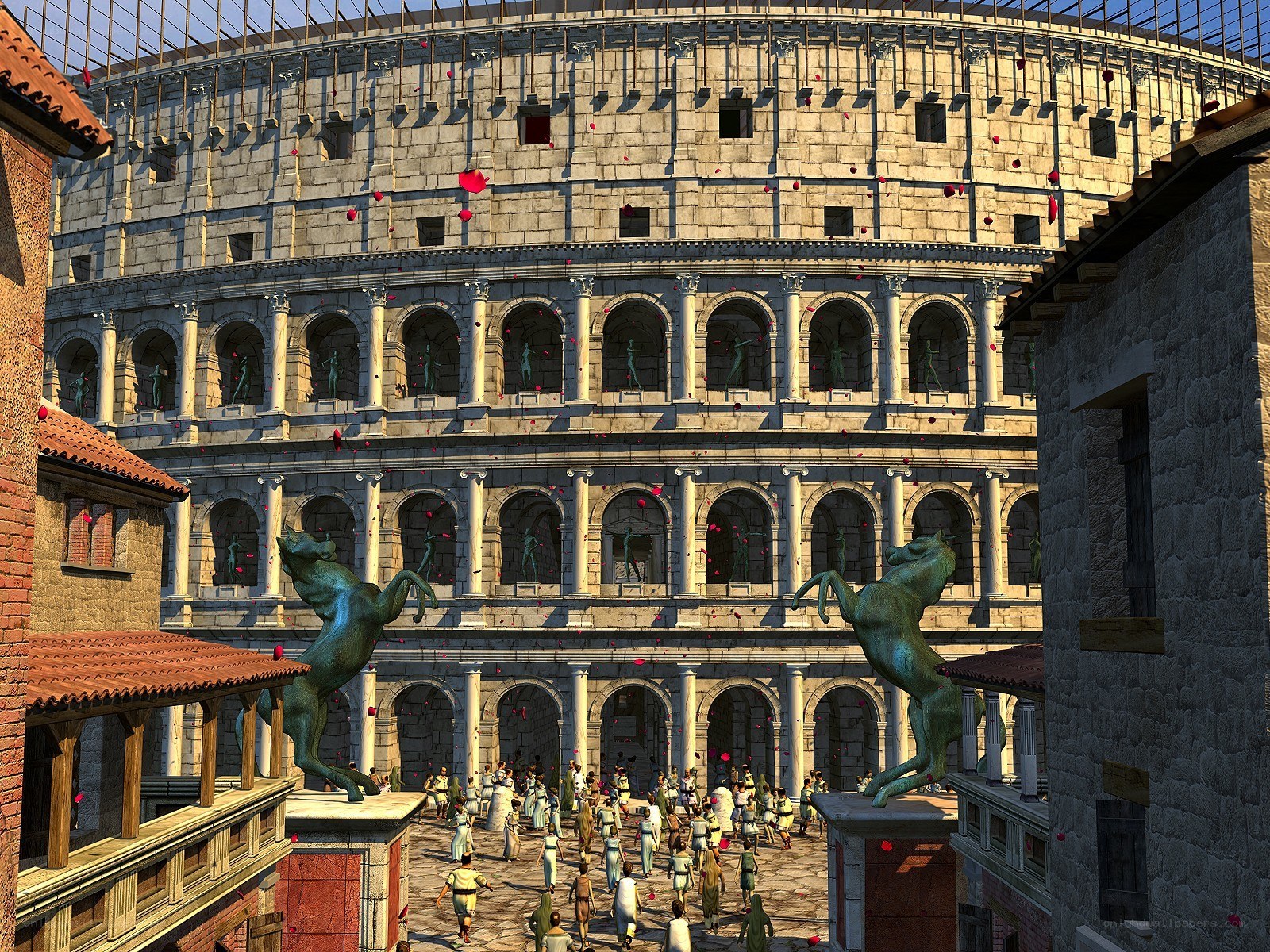 Colosseum with statues and crowd