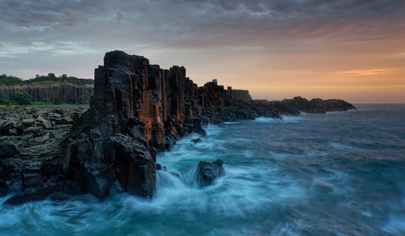 Columnar Basalt Cliffs — Blue, Dramatic, Sunset, Photograph