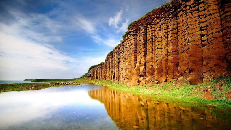 Columnar Basalt Cliffs — Blue, Serene