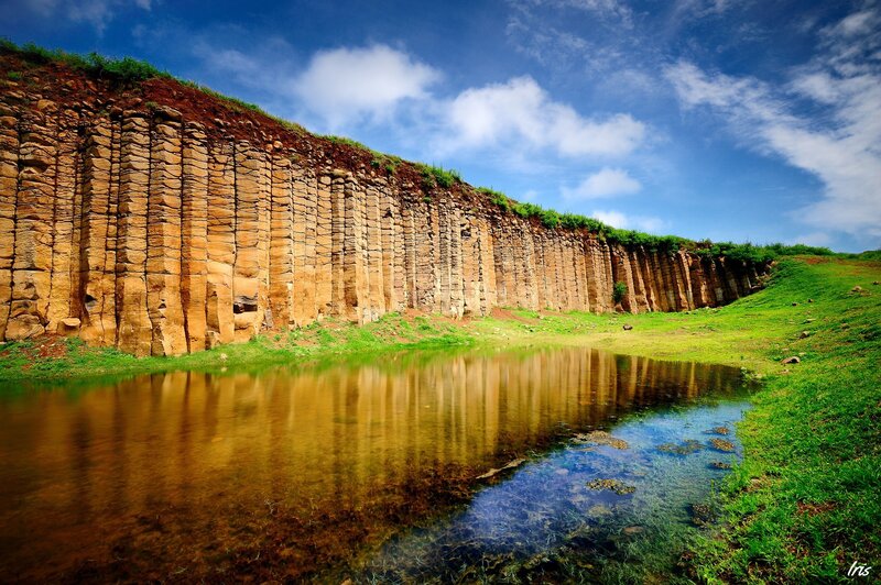 Columnar Basalt Formation — Blue, Serene, Afternoon, Photograph, Grass