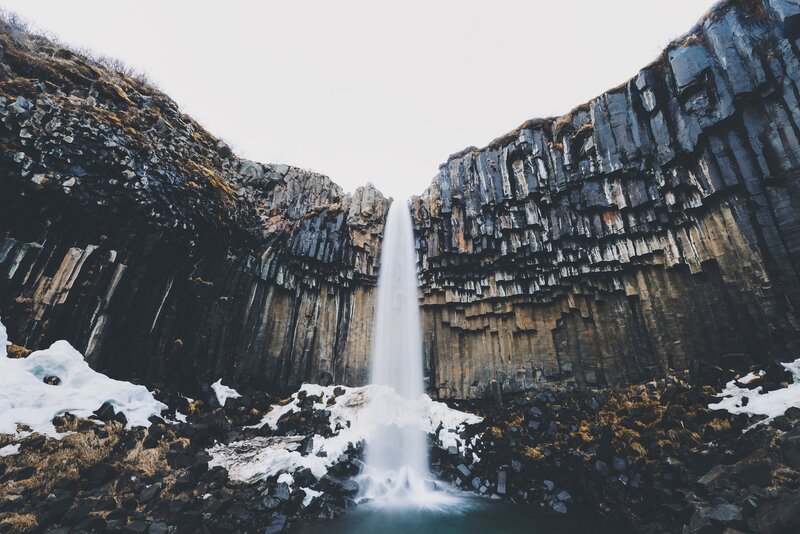 Columnar Basalt Waterfall — Black, Dramatic