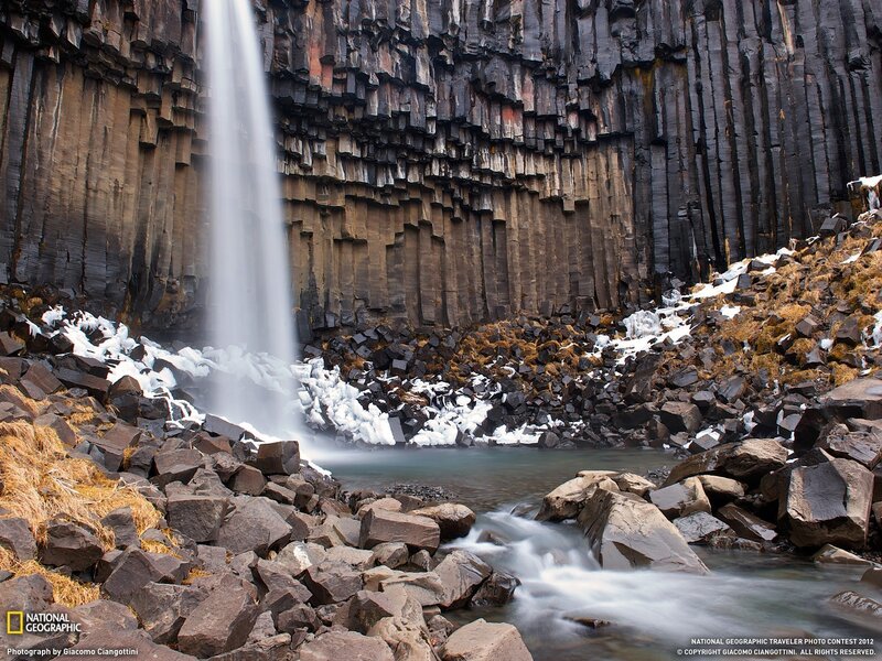 Columnar Basalt Waterfall — Black, Dramatic, Winter, Photograph