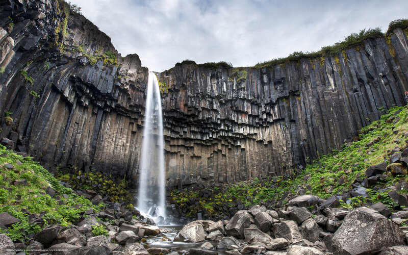 Columnar Basalt Waterfall — Gray, Dramatic