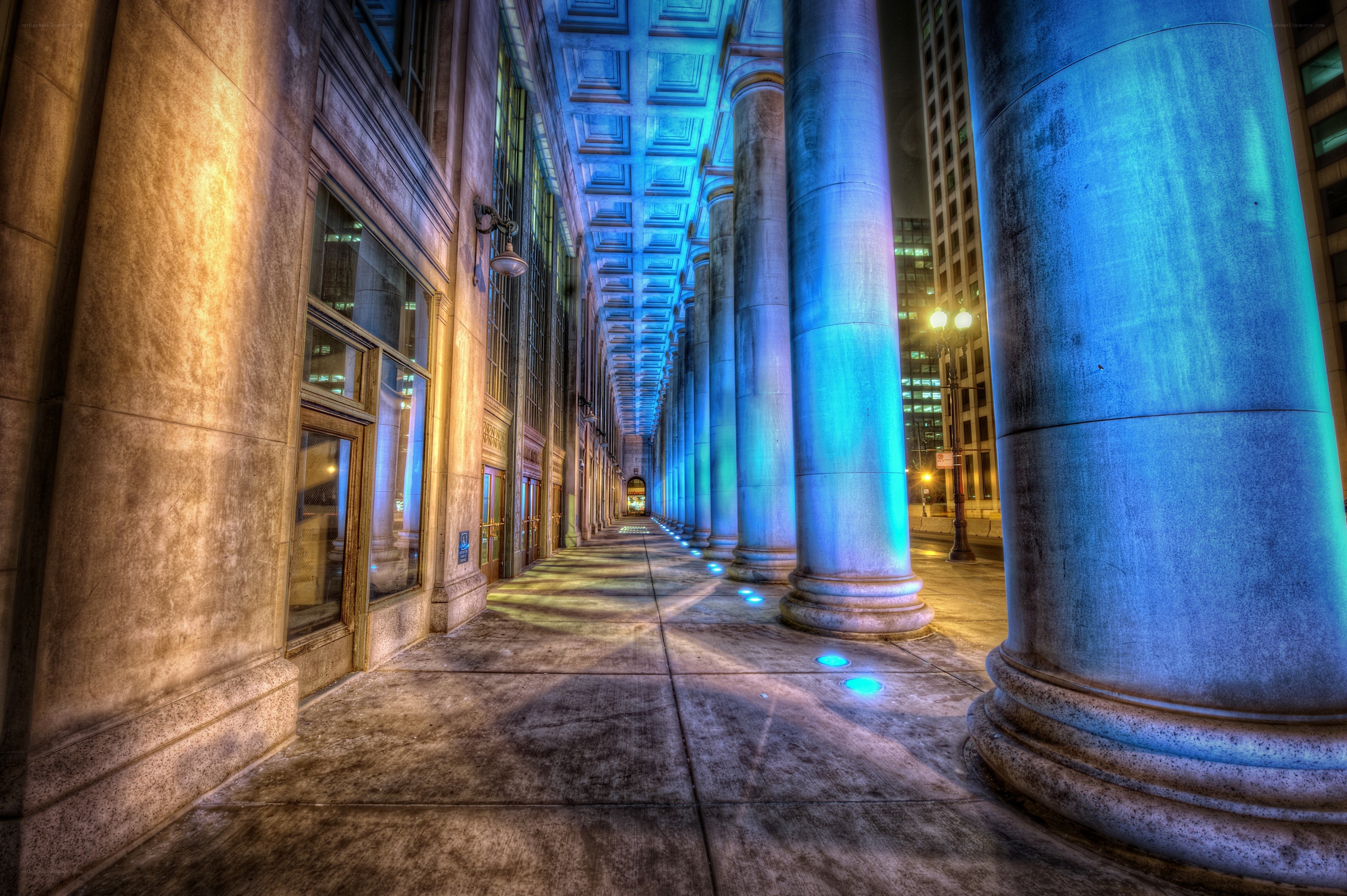 columned walkway at night