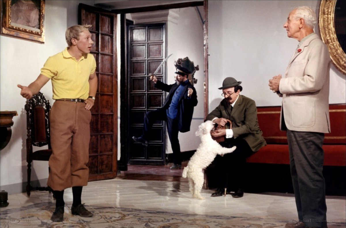 Comedic scene with sword and dog