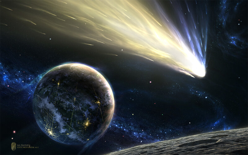 Comet Approaching Planet — Blue