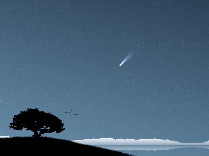 Comet in Night Sky — Blue, Serene, Digital Art