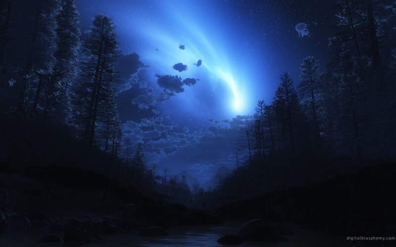 Comet over Forest — Blue, Dramatic, Night, Digital Art