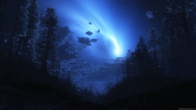 Comet over Forest — Blue, Dramatic, Night