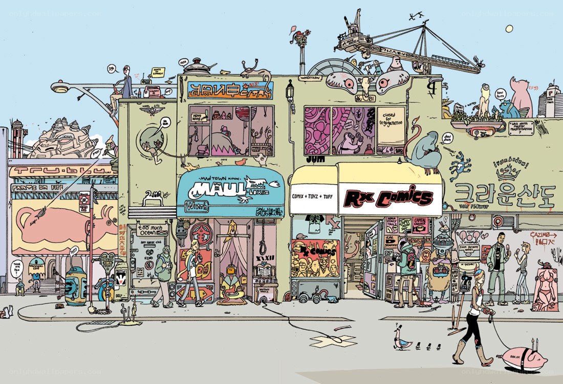Comic book store street scene